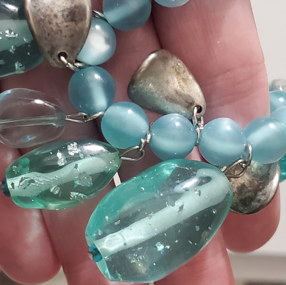 Vintage lucite aqua chunky beads cats eye silver necklace stainless steel 90's - Picture 10 of 13